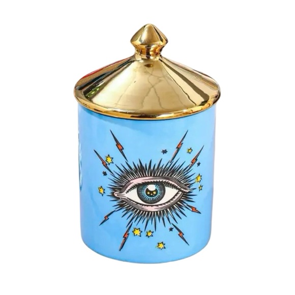 Mystic Eye Blue Ceramic Jar with Gold Lid